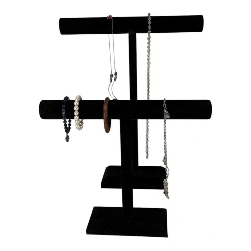 2 Long black velvet T-Bar necklace and Bracelet Display
